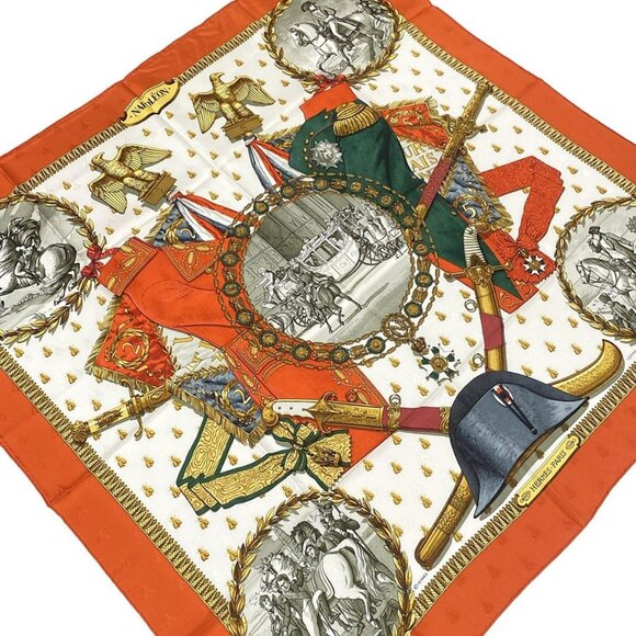 Auth HERMES - Cream Orange Multi Scarf - Picture 1 of 4